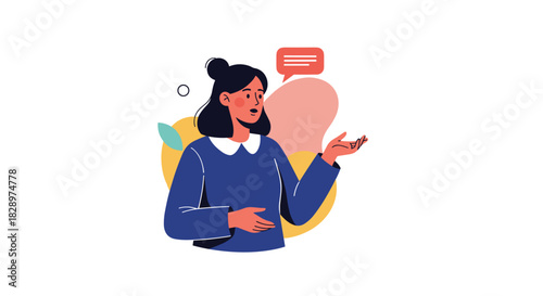 Young woman with a concerned expression actively gesturing and talking with a speech bubble indicating a serious conversation.