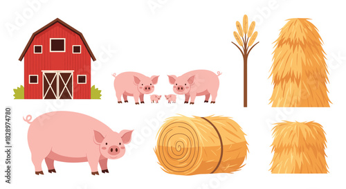 Collection of cartoon farm elements including a red barn a family of pigs and various hay bales for agricultural designs.