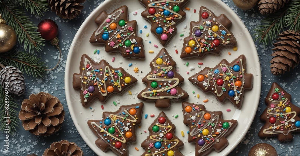 Fototapeta premium chocolate christmas tree cookies decorated with colorful sprinkles and candies on a festive background.