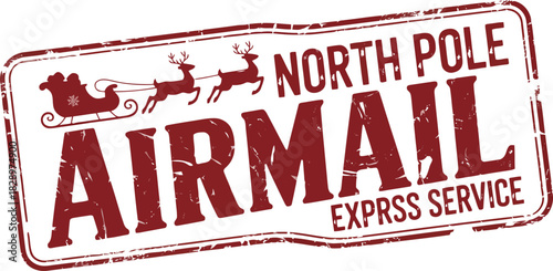 Festive red grunge stamp for North Pole Airmail Express Service showing Santa on his sleigh