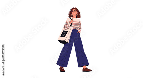 Stylish young woman with curly hair and wide-leg pants walking with her hand in her pocket carrying a tote bag.