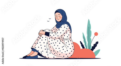 A serene Muslim woman in a hijab and polka-dot dress sits peacefully outdoors with her eyes closed enjoying a quiet moment.