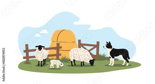 A charming farm scene featuring a Border Collie watching over a flock of sheep and a small lamb grazing by a large haystack.