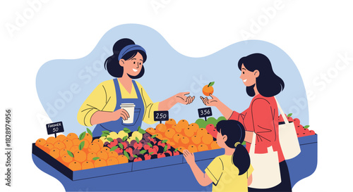 A friendly female vendor at a farmers market stall sells fresh colorful fruit to a happy mother and her young curious daughter.
