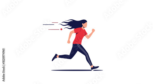 A determined young woman with long flowing hair runs at high speed during a workout session showing energy and a healthy lifestyle.
