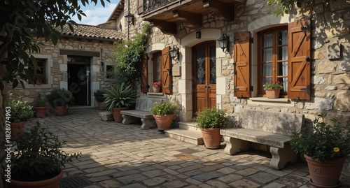 charming stone courtyard with potted plants and rustic wooden shutters in southern france