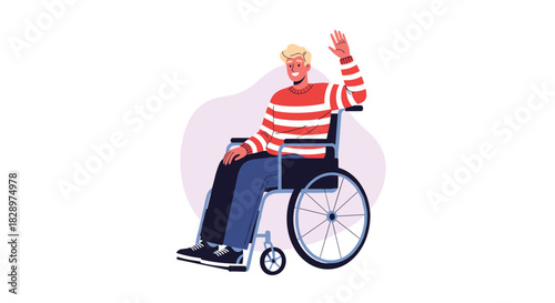 A friendly young man with blonde hair sits in a wheelchair and waves his hand with a happy and welcoming expression on his face.