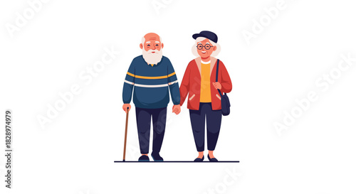 A loving elderly couple walks together holding hands showing enduring companionship and affection in their golden years of retirement.