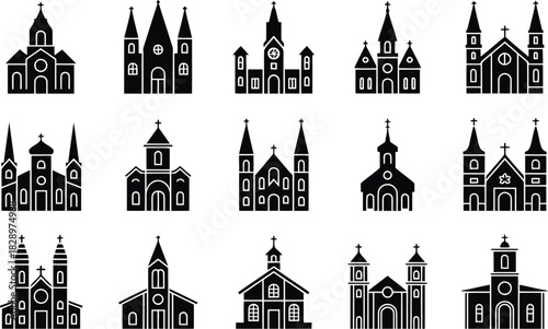 Fifteen distinct black silhouette icons depicting Christian churches with different architectural features