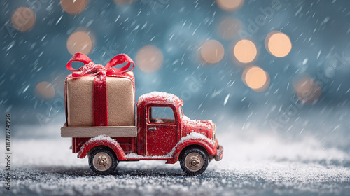 Side view of a red toy truck carrying a large gift box with a festive red ribbon on a snowy surface, symbolizing holiday cheer and celebration