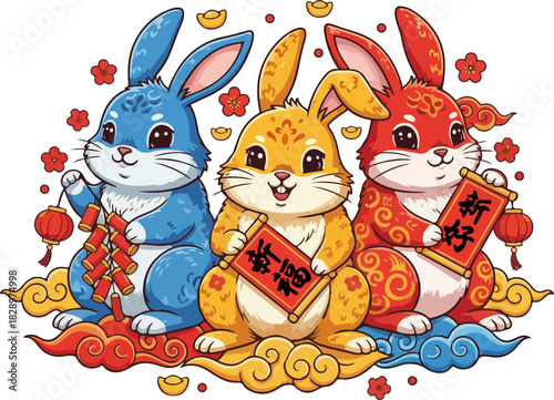 Three Zodiac Rabbits in a Row – High-Detail New Year Vector Art