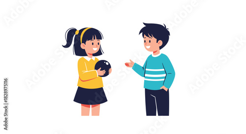 A cute young girl holding a ball and a smiling boy are having a friendly conversation together as good childhood friends.