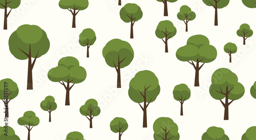 A seamless repeating pattern of stylized green trees of various sizes creates a simple and charming forest or park background.