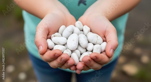 Child holding a handful of white stones in their hands in an outdoor setting