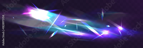 Vibrant prismatic light streaks with neon glow and lens flare effects on dark transparent background, creating dynamic futuristic energy motion.
