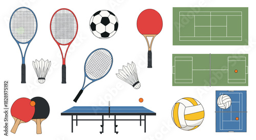 A collection of various sports equipment and playing fields including tennis rackets soccer balls volleyballs and a ping pong table.