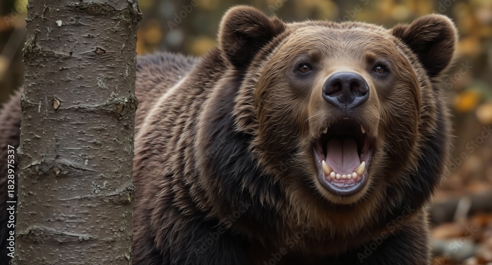 Obraz premium aggressive brown bear roaring with open mouth in natural forest habitat