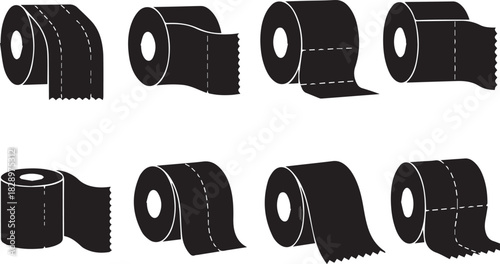 Black and white illustration of multiple toilet paper rolls hygiene items