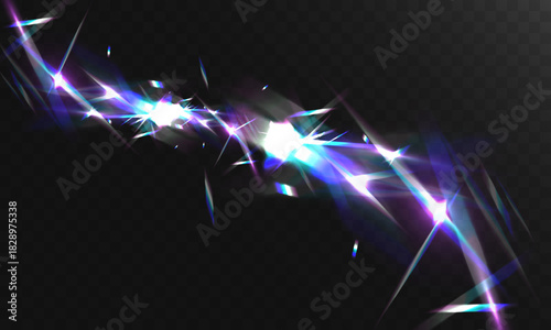 Vibrant prismatic light streaks with neon glow and lens flare effects on dark transparent background, creating dynamic futuristic energy motion.
