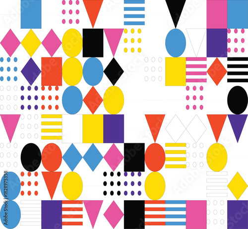 Vector illustration of abstract pattern of colorful geometric shapes squares, circles, triangles, diamonds, and lines, forming a modern design