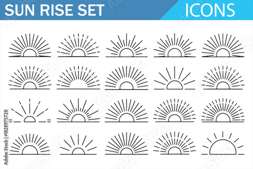 Sunrise icons set in thin line style with different sun shapes, rays and horizon variations for weather apps, nature design, travel branding and minimal vector projects