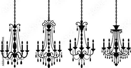 Four elegant black silhouette chandeliers with intricate details and hanging crystal beads create a luxurious feel