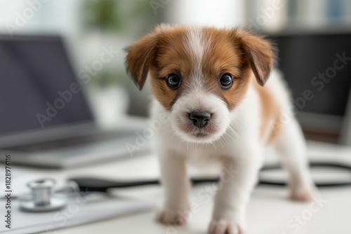 Cute Jack Russell Puppy on a Desk Ready for Its First Online Vet Checkup