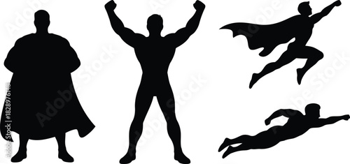 Four superhero silhouettes in different heroic poses against a clean white background