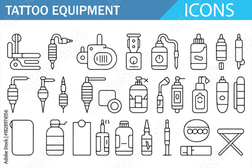 Tattoo studio furniture and tools clean line icon set