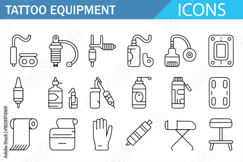 Electric tattoo machine and studio gear vector icon set