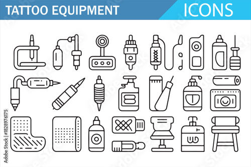 Tattoo parlor tools and hygiene equipment minimal outline icons