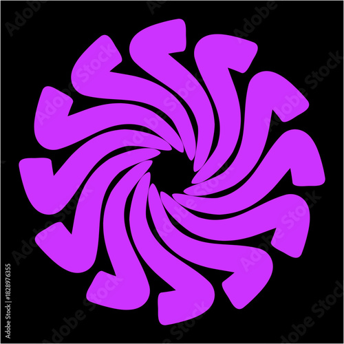 Twelve vivid arrow-shaped forms twist in synchronized rotation, creating a bold, dynamic vortex filled with motion, rhythm, and electric visual energy.