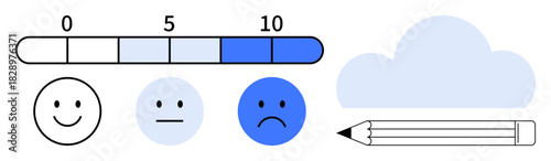 Feedback scale with smiling, neutral, and sad faces, numerical rating bar, cloud, and pencil. Ideal for surveys, evaluation motivation education usability goal setting reflection. Simple flat