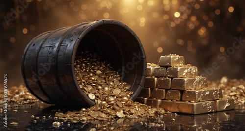 overflowing wooden barrel of gold coins and bullion with blurred bokeh background, wealth and investment concept.