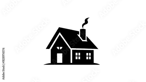 Vector illustration of simple black silhouette icon of a cozy house with a chimney emitting smoke, isolated on transparent background