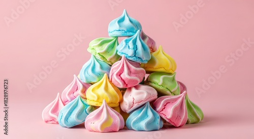 Colorful meringue cookies stacked in a pyramid shape on a pink background