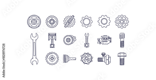 Thin line outline icons of mechanical parts gears pistons wrenches and bolts for engineering and industry