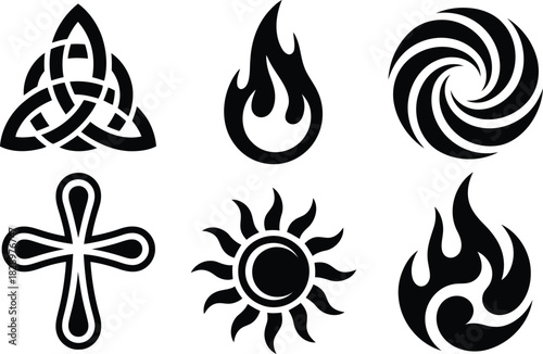 Grouping of diverse black and white symbols featuring a triquetra, a cross, and natural elements