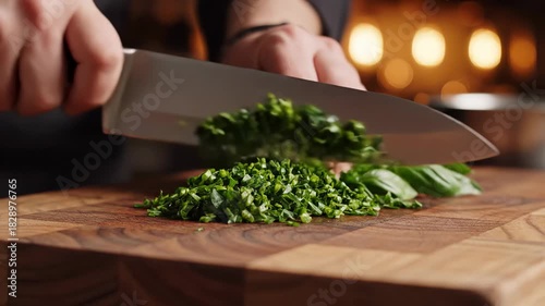 Chopping Fresh Herbs - A Culinary Preparation.