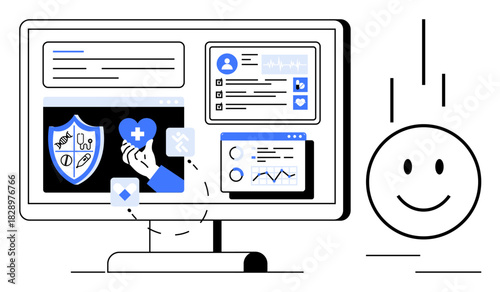 Digital healthcare concept. Digital systems focused on healthcare, data security, and analytics. Digital healthcare transforming patient care and safeguarding health data. For telemedicine