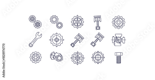 Collection of thin line vector icons depicting gears cogs pistons wrenches engine parts and bolts