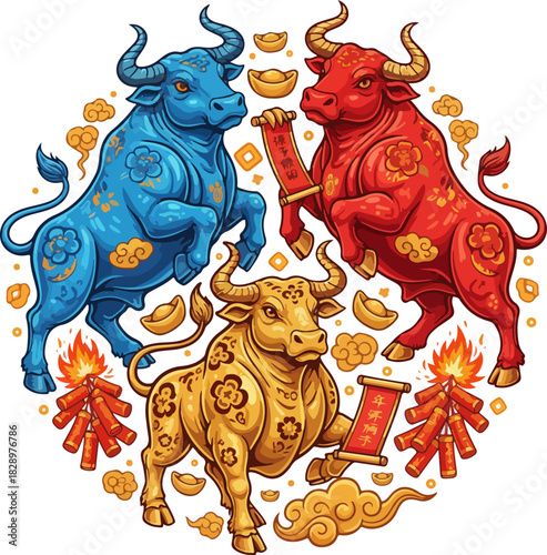 Three Zodiac Oxen for New Year – High-Detail Vector Art