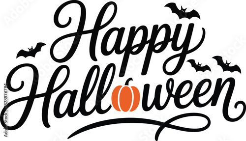 Happy Halloween text with a decorative orange pumpkin and three flying bats