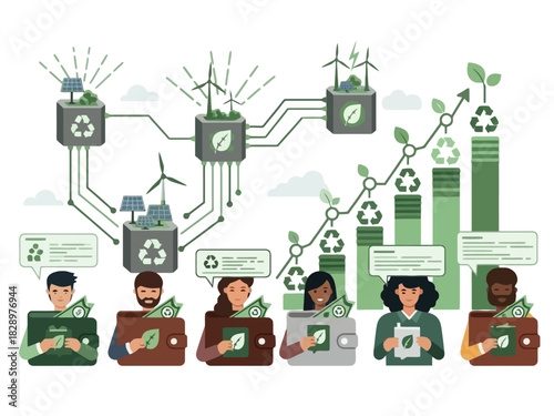 Diverse people investing in green sustainable energy and witnessing financial environmental growth charts.