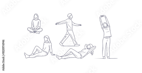 Thin line vector sketches depicting diverse human poses including sitting walking stretching and relaxing
