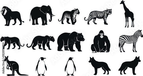 A black vector illustration set of wild animal silhouettes, featuring a collection of lion, elephant, and wolf icons