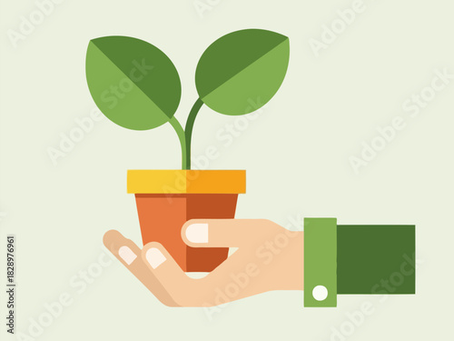 A flat vector illustration showing a hand gently nurturing a small potted seedling plant.