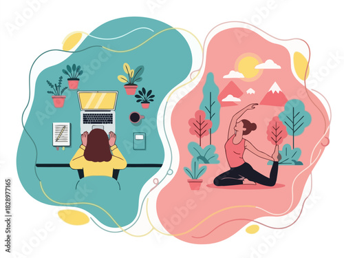 Balancing stressful work life with healthy outdoor activity, symbolizing wellness and digital detox.