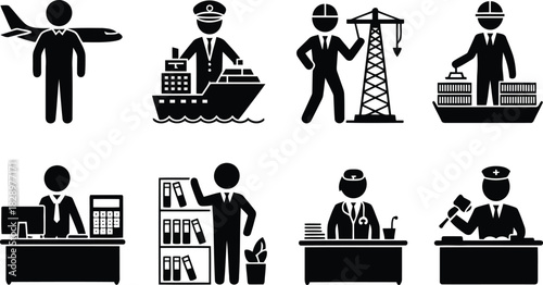 Pictogram set displaying professional occupations such as pilots, maritime captains, construction workers, and legal professionals