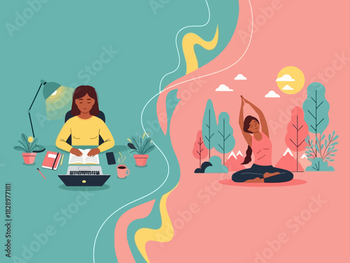Conceptual illustration emphasizing healthy work and wellness lifestyle balance.